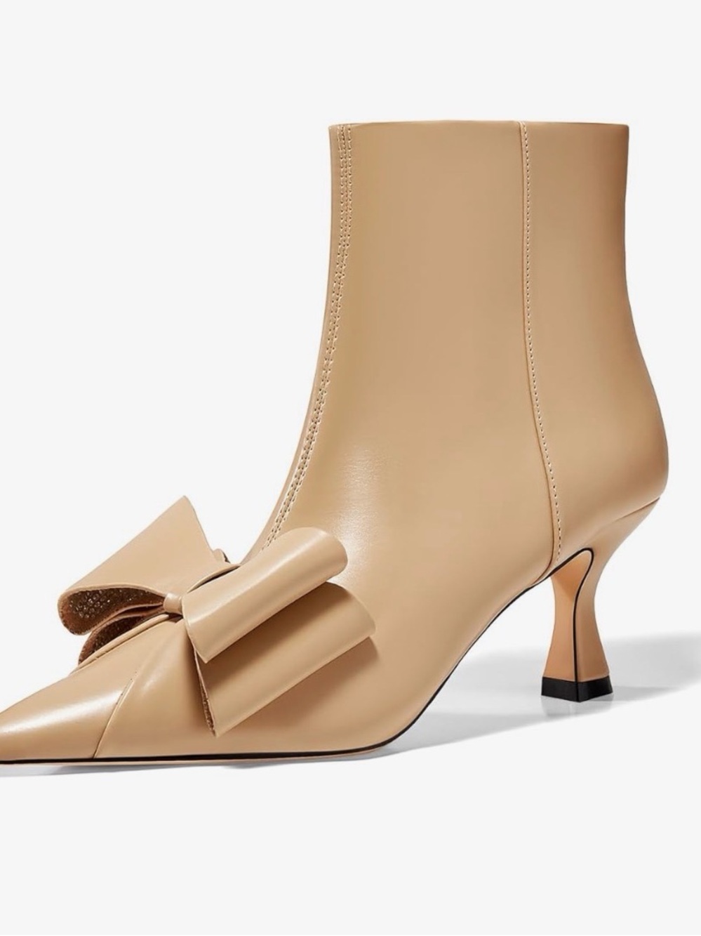 Beige Bow-Detail Ankle Boot with Kitten Heel. Size 6.5